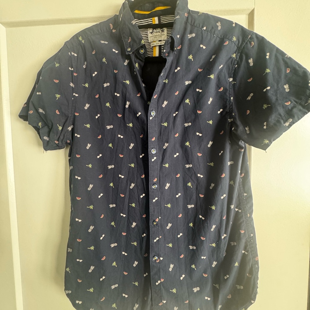 Denim & Flower Dark Blue Shirt with Colorful Motifs